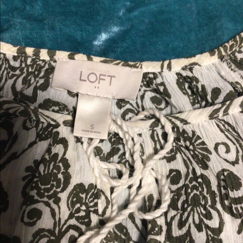 LOFT pheasant top olive green floral detail.
